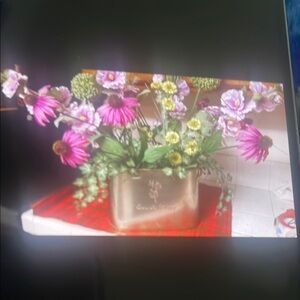 Floral Arrangement in Tin Can Silver Vase, Vtg Flare 24” tall, green foliage.